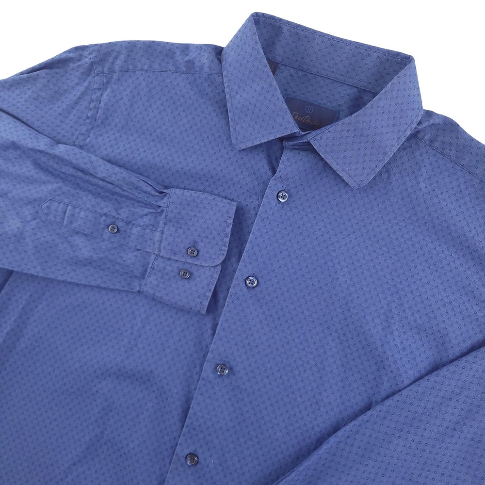 David Donahue Dress Shirt Mens 17.5 34/35 Blue Geometric Slim Fit Cotton LS